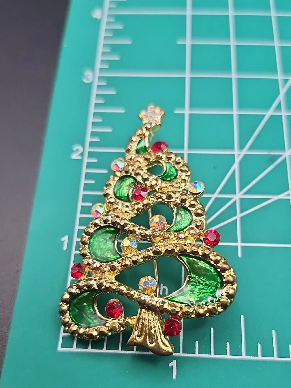Gold-Tone Green & Red Enamel Christmas Tree Brooch
